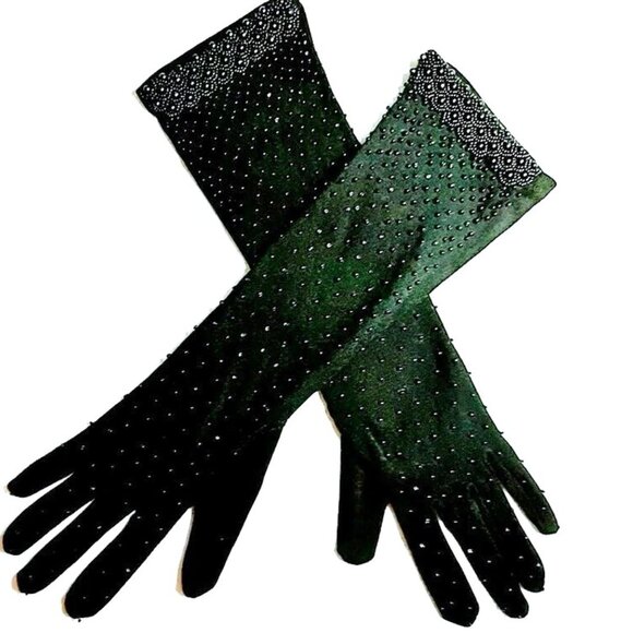 Vintage Accessories - True Vintage Unworn 1950s Black Beaded Longer Length Evening Gloves One Size